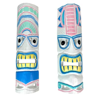 Set Of 2 - 20" Tiki Masks Hand-Carved Wood Wall Decor Indoor/Outdoor