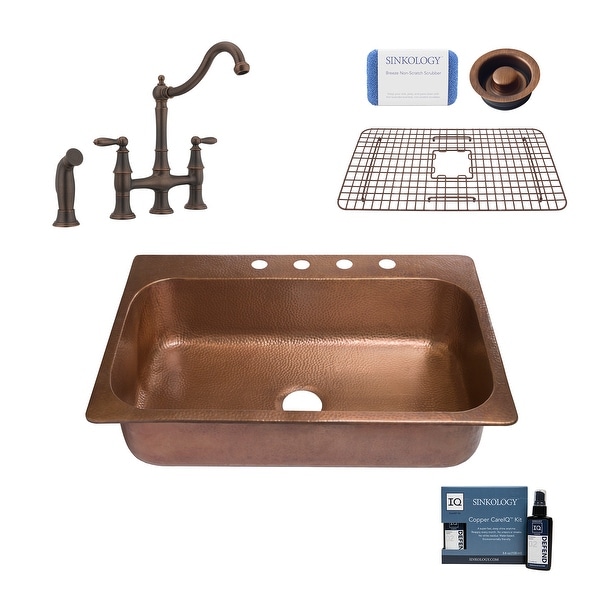 Angelico 33" Drop-in Copper Kitchen Sink with Bridge Faucet and Disposal Drain. Opens flyout.