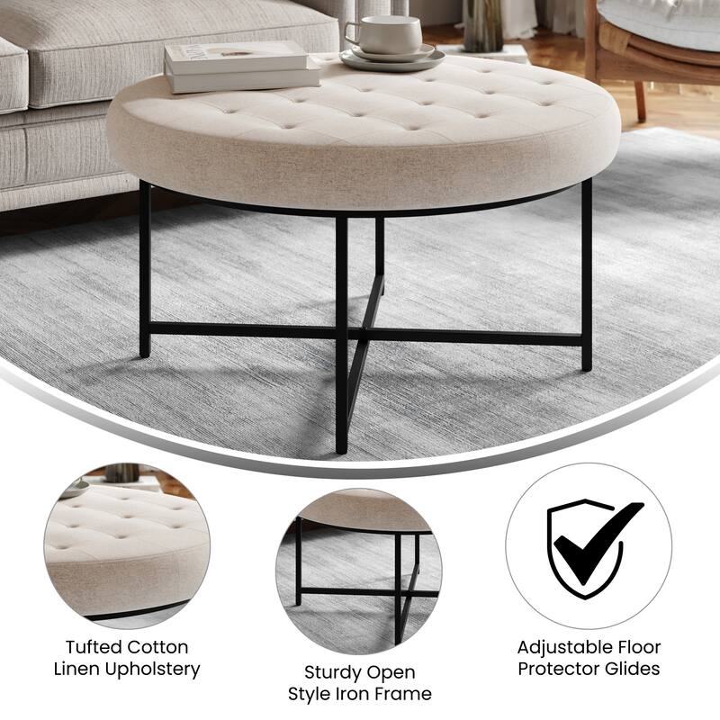 Round Cotton Linen Tufted Ottoman with Metal Frame