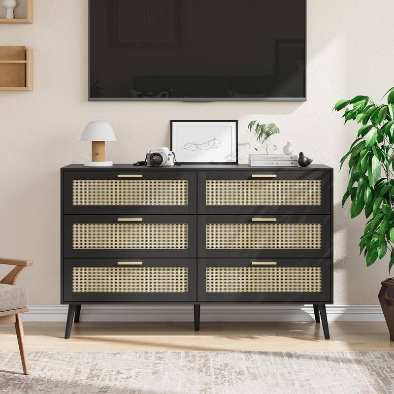 Rattan 6 Drawers Chest of Dressers for Bedroom, Wide Chest of Drawers, Rattan Dresser Storage Cabinet for Living Room, Bedroom