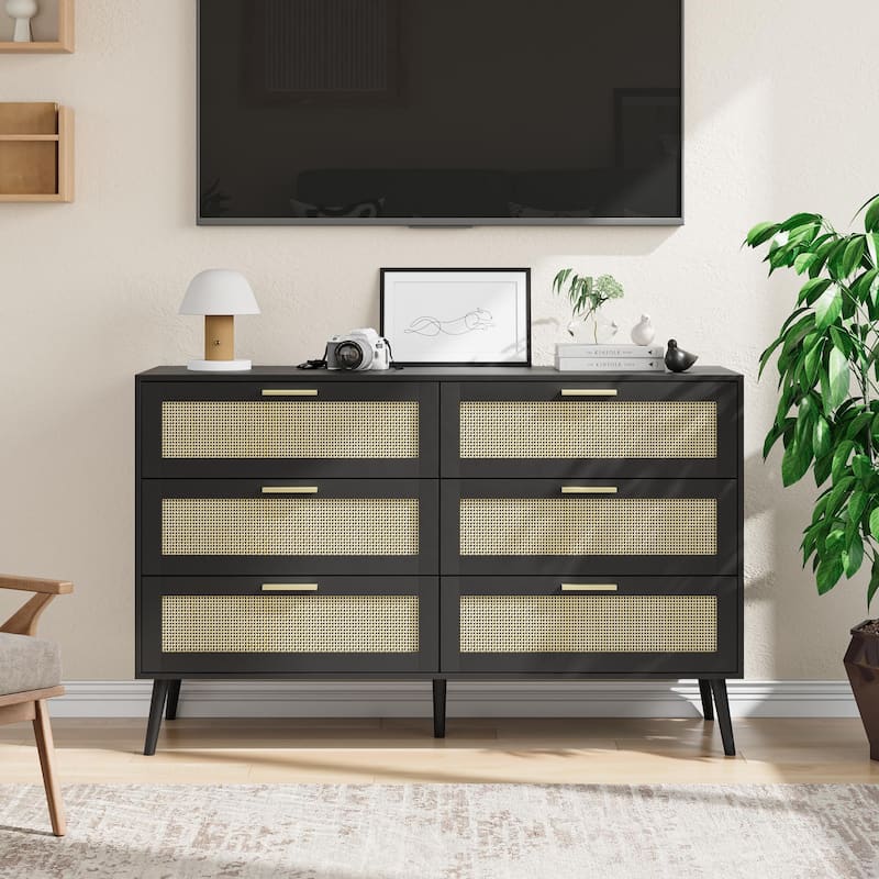 Rattan Doors 6 Drawer Dresser for Bedroom,Chest of Dressers with Gold Handles