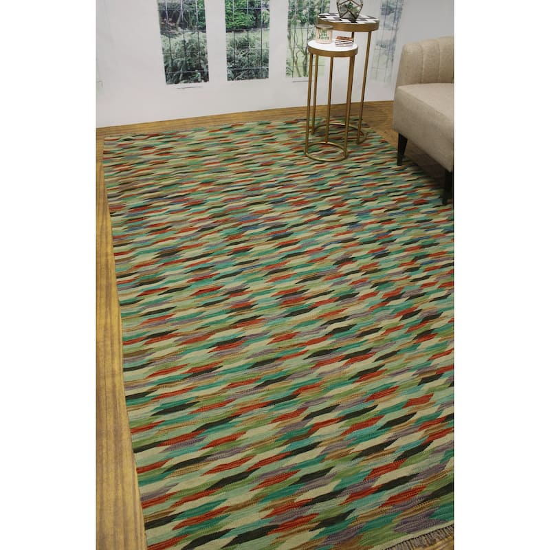Hand-Woven Winchester Kilim Mamoun Green/Rust Rug - 6'8" x 9'11"