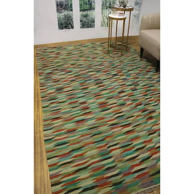 Hand-Woven Winchester Kilim Mamoun Green/Rust Rug - 6'8" x 9'11"