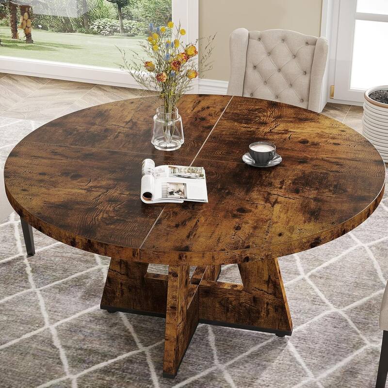 47" Round Wood Dining Table 4-Seater Farmhouse with Wooden Tabletop Cross Base for Dining Room/Kitchen
