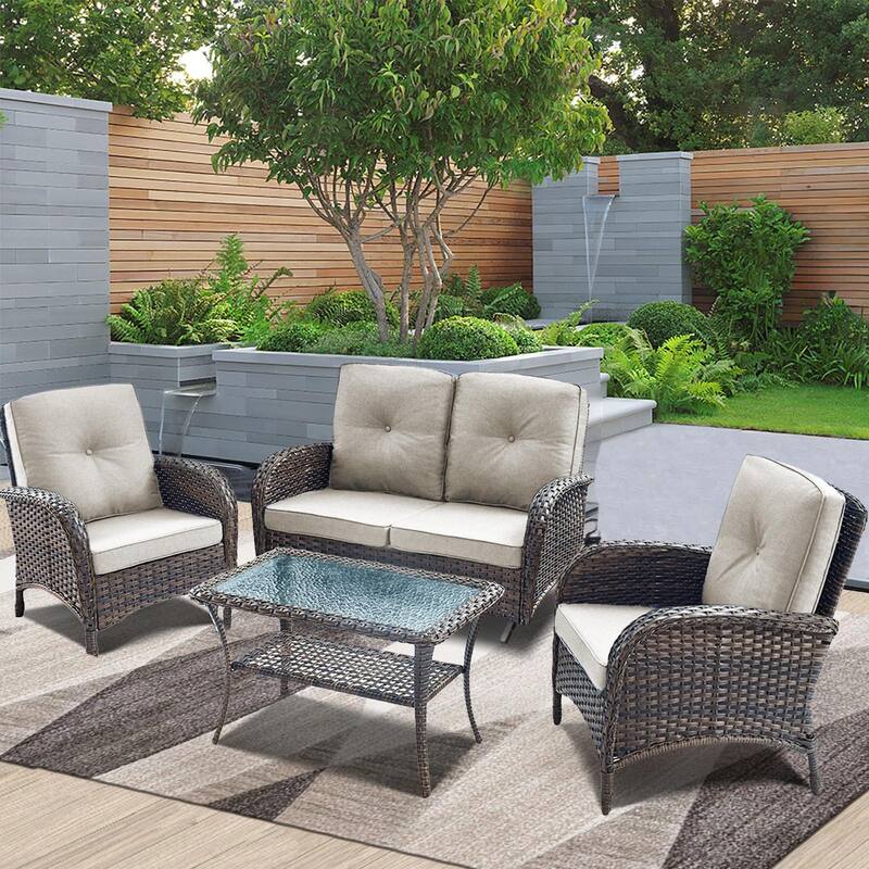 Gymojoy Outdoor Glider Sofa Patio Chair Table Set - Brown - Beige