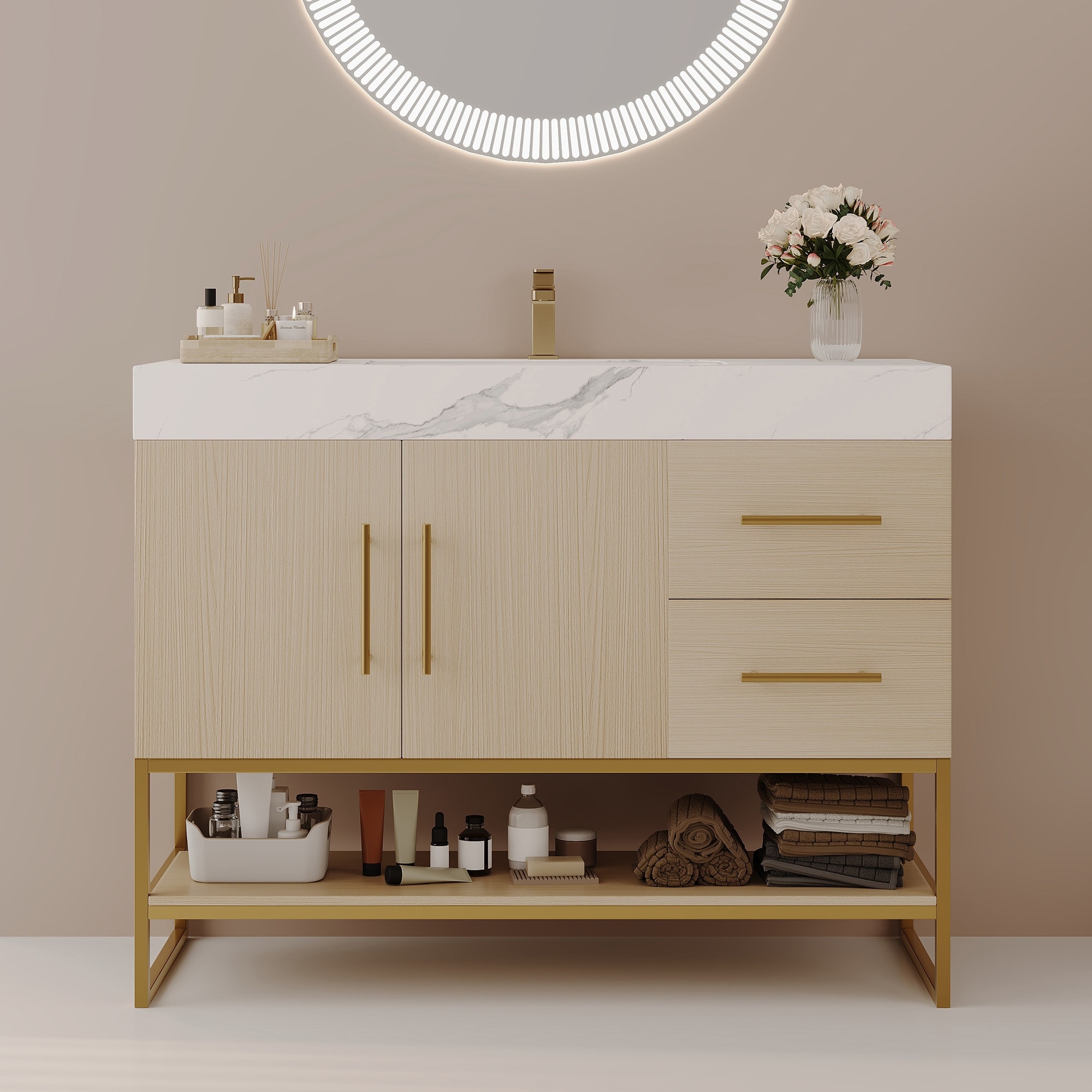 36" Modern Bathroom Vanity - Free Standing with Seamless Ceramic Sink & Gold Accent