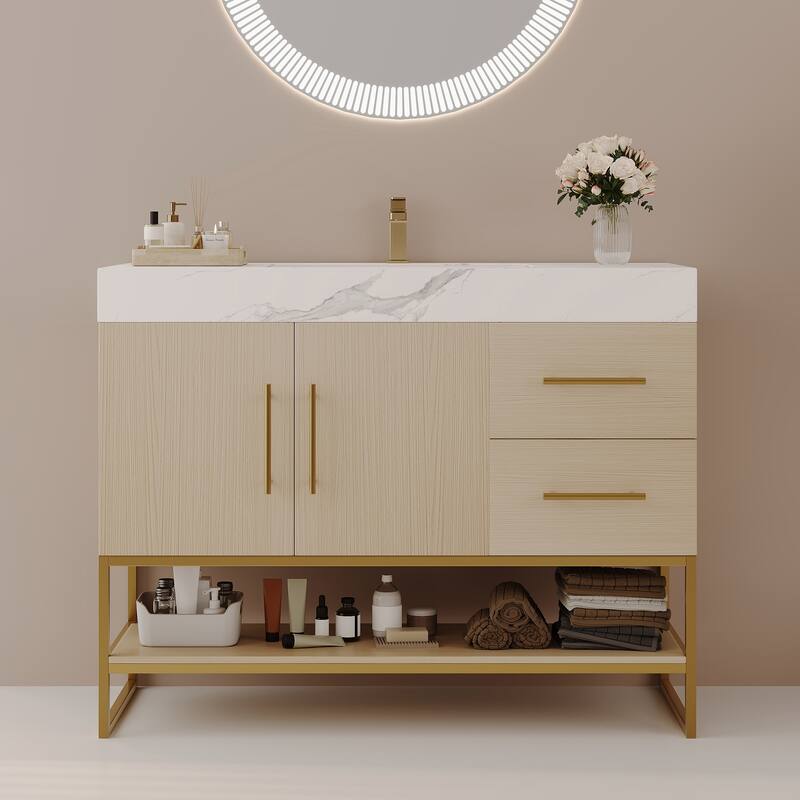 36" Modern Bathroom Vanity - Free Standing with Seamless Ceramic Sink & Gold Accent - Gold,White,Wood