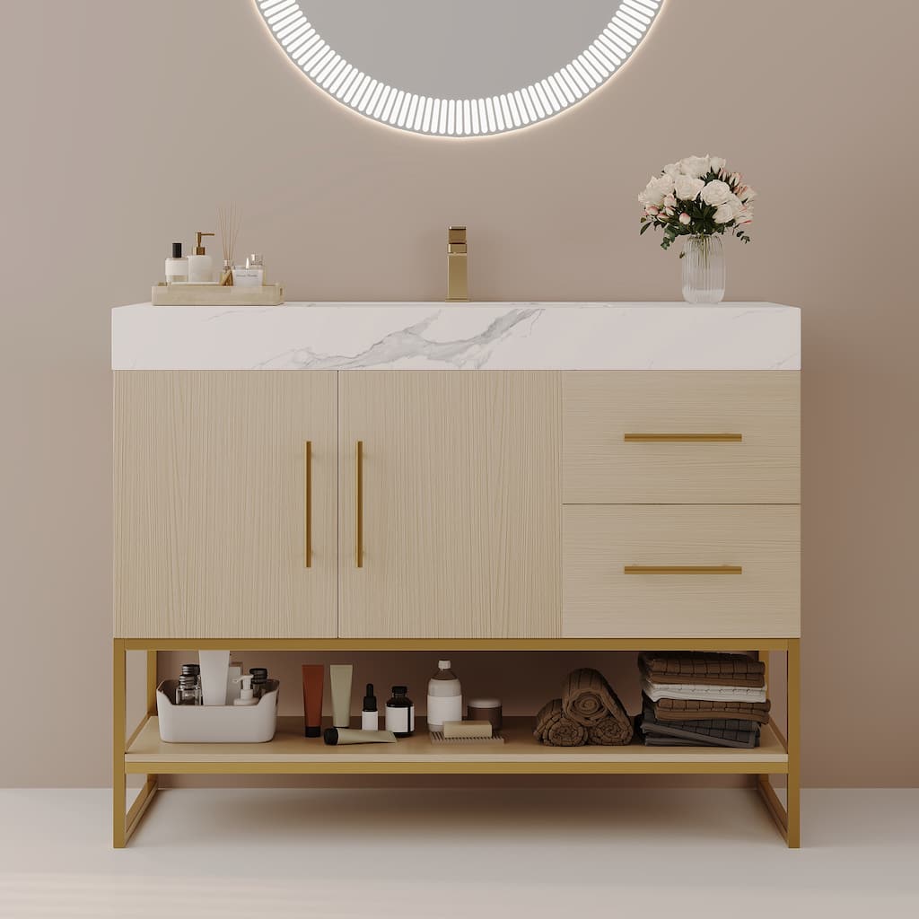 GDFStudio - Luxury 36" Freestanding Sintered Stone Bathroom Vanity with Seamless Ceramic Sink, Open Storage & Soft-Close Drawers