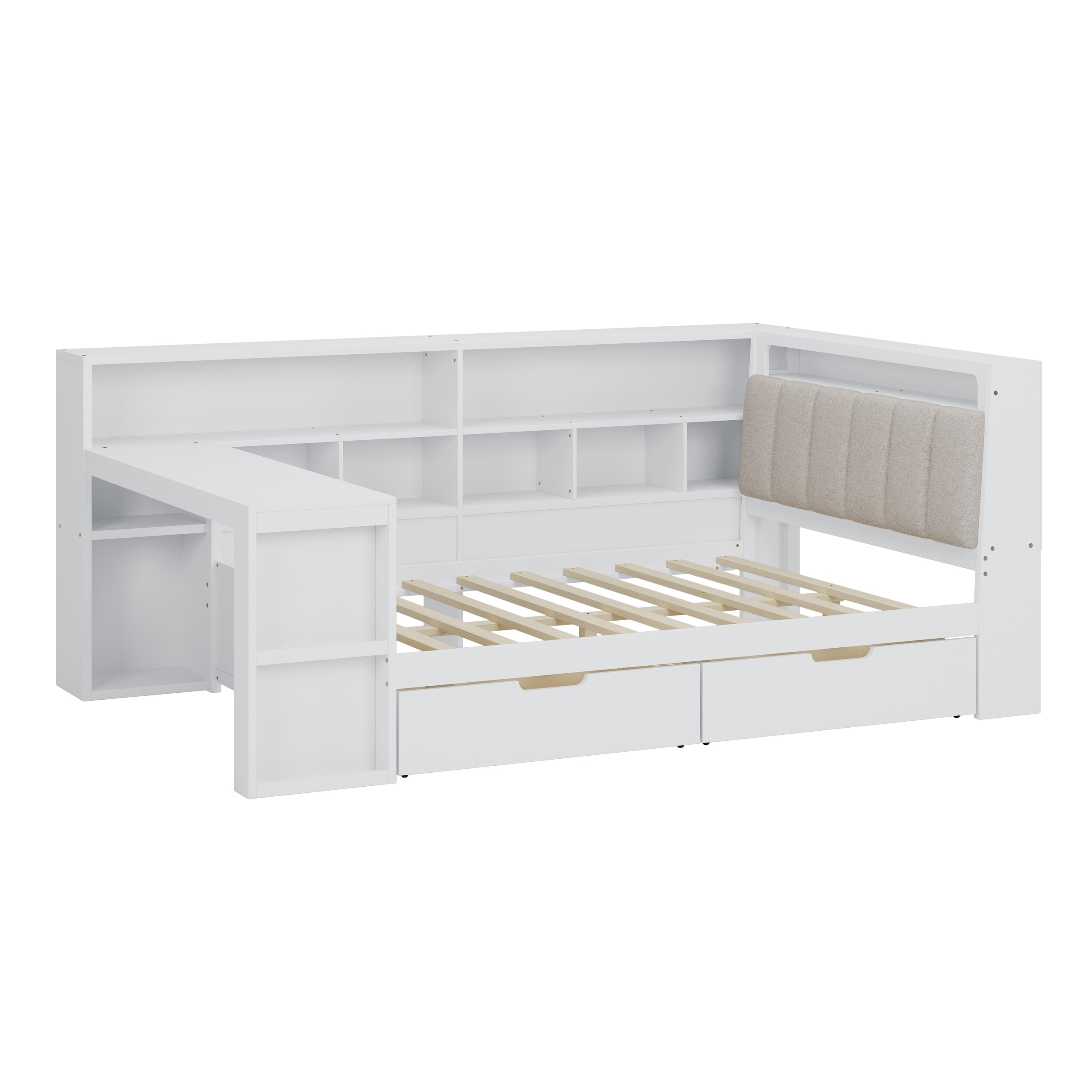 L-shaped Wooden Daybed with Desk and Bookcase, Corner Captains Bed with Upholstered Headboard, Underbed Drawers, LED Light