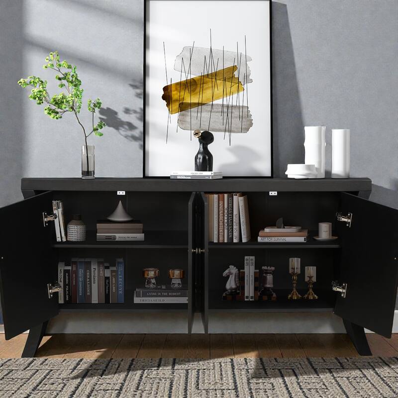 Industrial 4-Door Credenza with Wooden Arc Legs and Bronze Clasps, Modern Storage Cabinet for Living Room