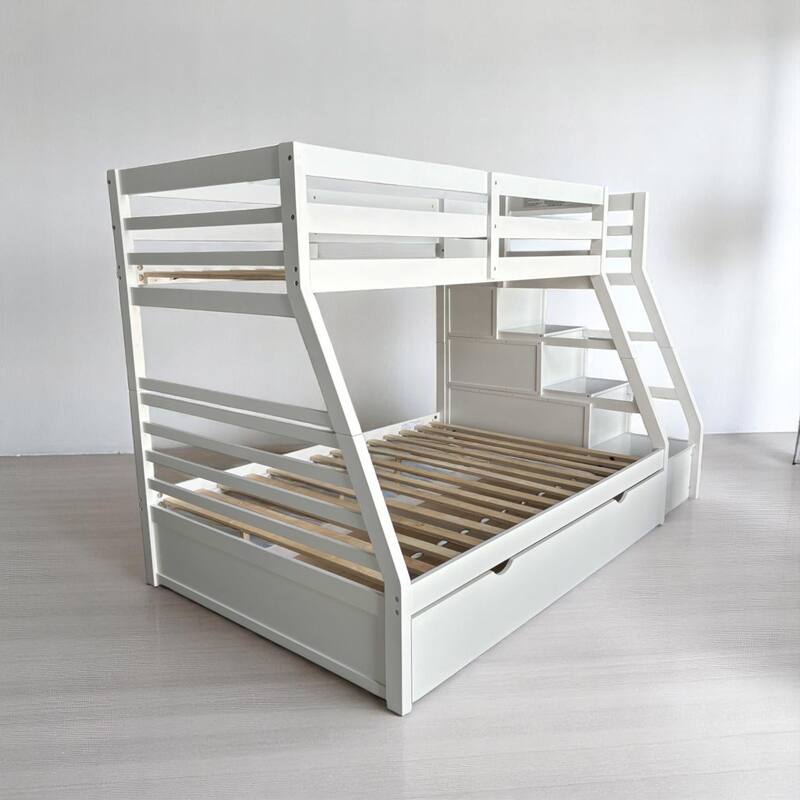 Twin Over Full Bunk Bed with Trundle and Storage Ladder bed, Built-in Drawers,Full-Length Guardrail,Slat Support System Included