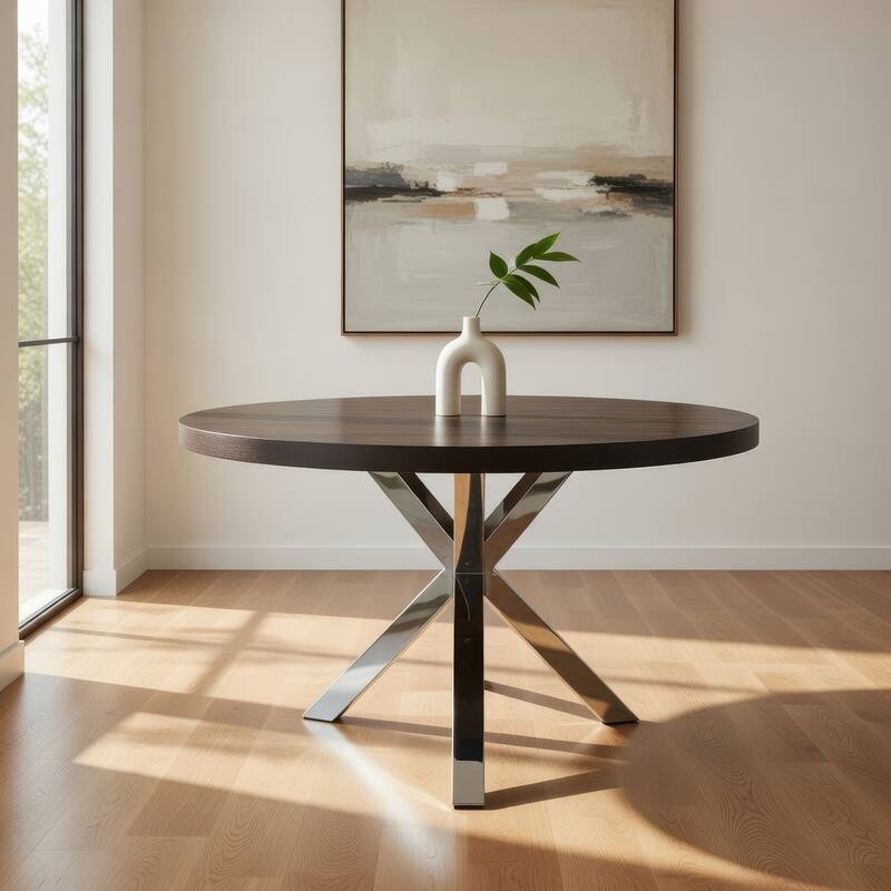 Emi 47 Inch Round Dining Table, X- Cross Brushed Steel, Dark Brown Wood