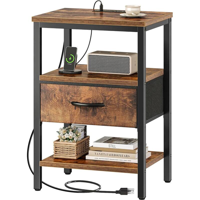 Nightstand Set of 2 Or 1 with Charging Station and USB Ports, Storage End Table with Fabric Drawer, Night Stand for Small Spaces - Brown - 1 Set