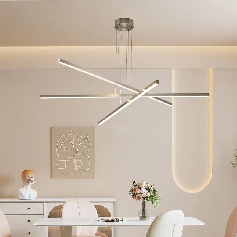 LED Linear Chandelier for Living Room, Dimmable Ceiling Lighting Fixtures, Silver Bedroom Hanging Pendant Light Fixtures