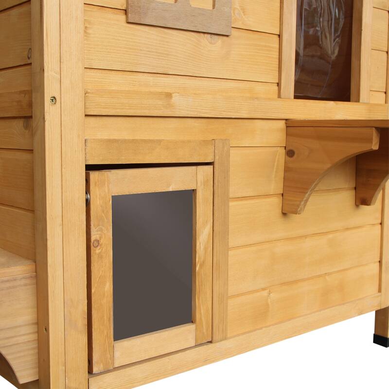 2-Story Outdoor Cat House with Weatherproof Slanted Roof and Escape Door