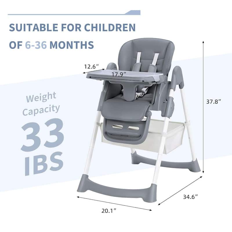 Adjustable Backrest Foldable High Chair for Babies & Toddlers, Dark Grey