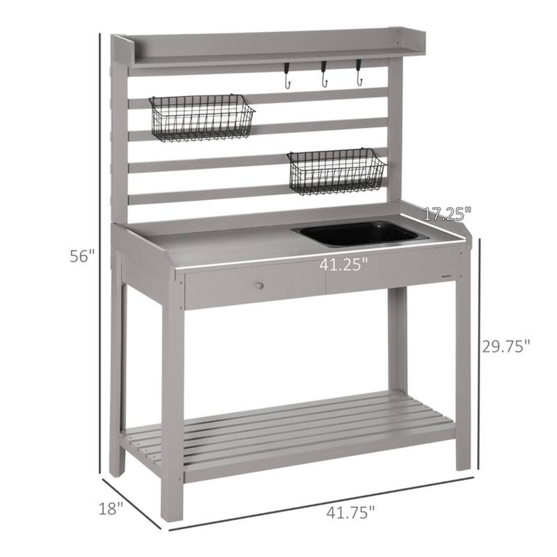 Grey Fir Wood Potting Table with Removable Sink Storage Drawer and Hooks Hanging Baskets - 42.25" L x 18" W x 56" H