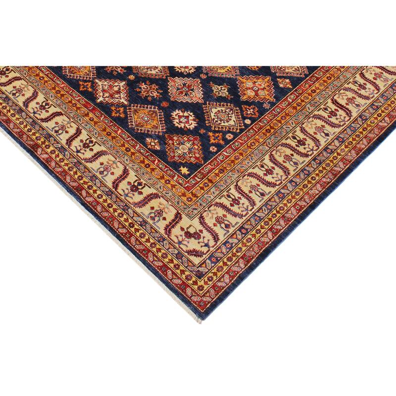 Caucasian Super Kazak Azalea Blue/Beige Hand Knotted Wool Rug - 8'10'' x 12'0''