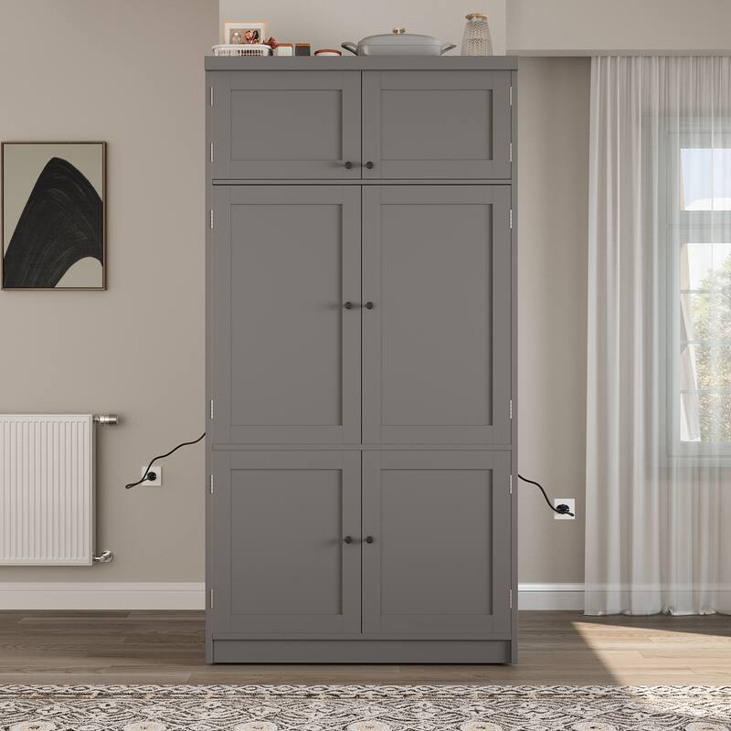 Roomfitters 80 Inch Extra Tall Kitchen Pantry Cabinet with Power Outlets and Wine Rack, Shaker Style