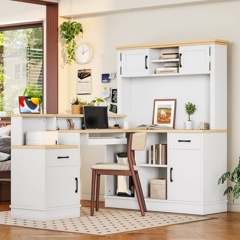 L-Shaped Corner Desk with Outlet, Drawers & Bookshelf, Study Table, Writing Desk Gaming Computer Desk with Storage - White