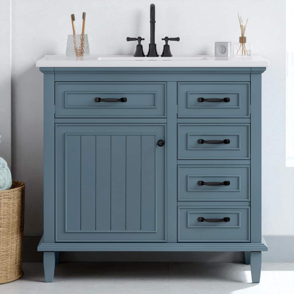 36" Bathroom Vanity with Ceramic Sink, Solid Wood Frame, 4 Drawers and Adjustable Shelf, Freestanding Cabinet