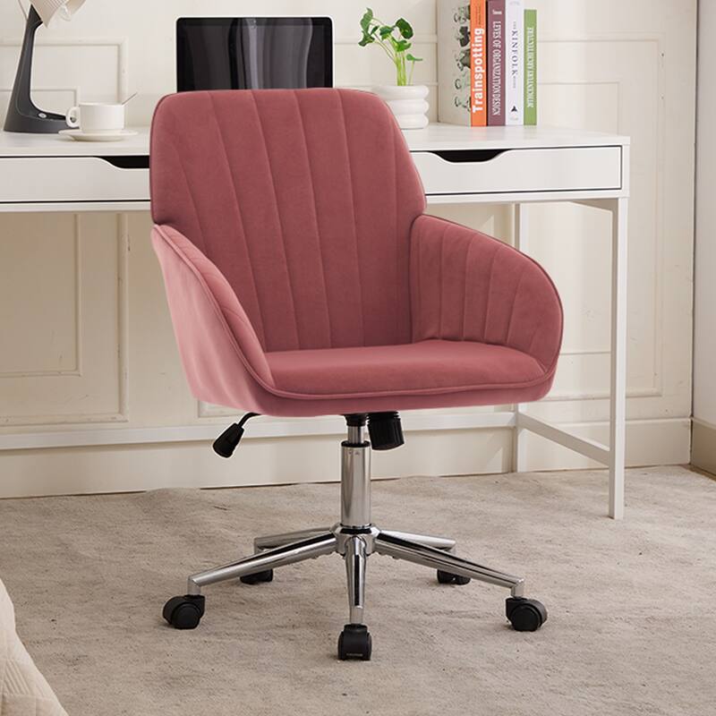 Adjustable Velvet Office Chair Ergonomic Swivel Chair with Backrest - Rose Red