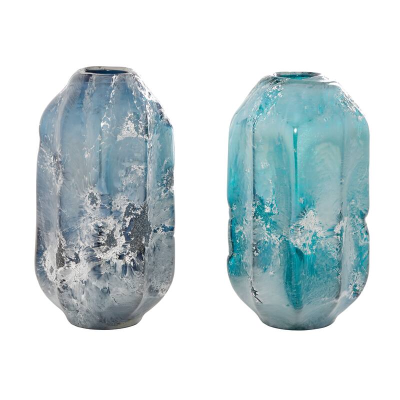 Blue Glass Handmade Blown Decorative Vase (Set of 2)