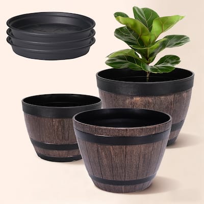 Javlergo (9"/11.3"/13") 3-Pack Different Size Plastic Planter Whiskey Barrel Planter Decoration Flower Pots with Drainage Holes