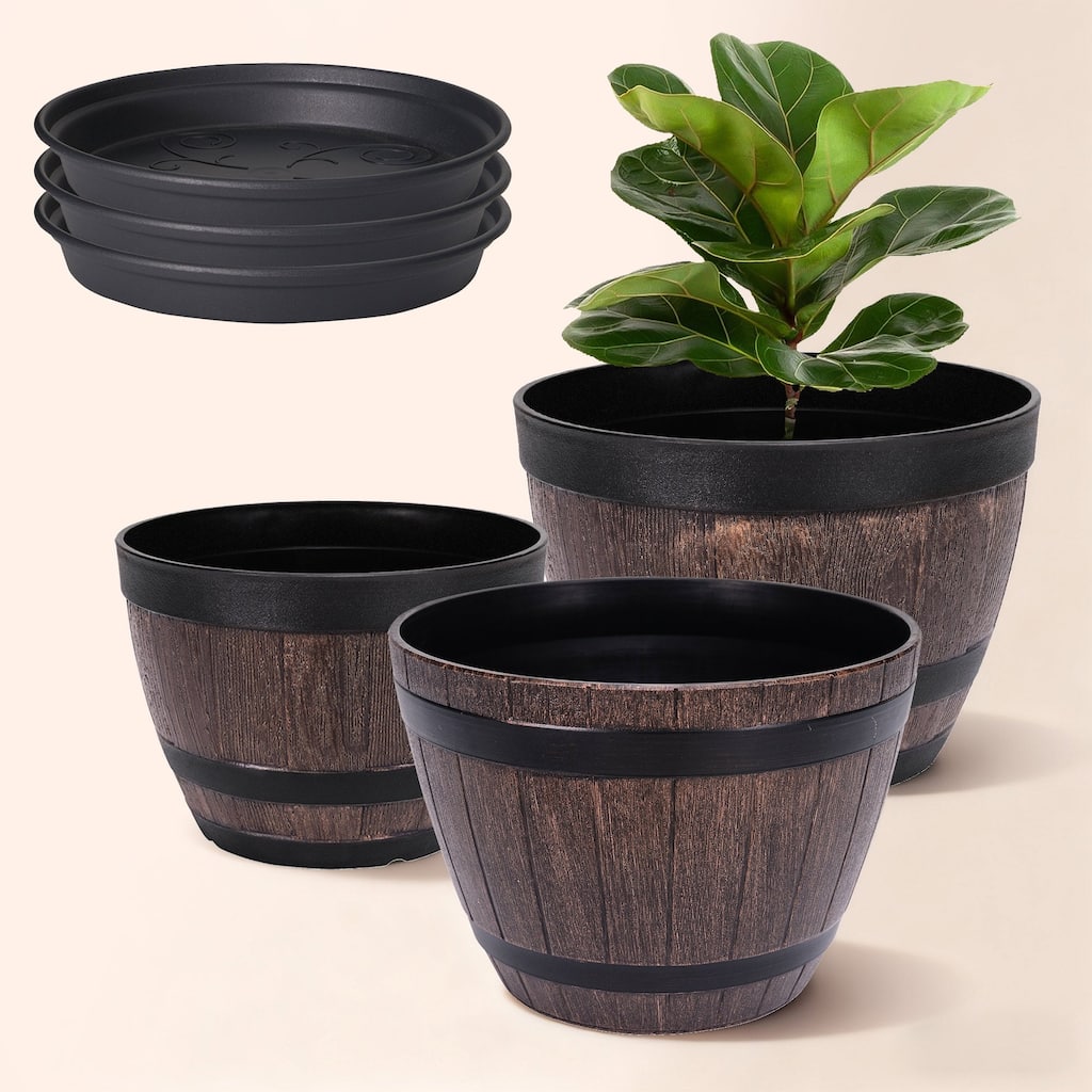 Javlergo (9"/11.3"/13") 3-Pack Different Size Plastic Planter Whiskey Barrel Planter Decoration Flower Pots with Drainage Holes
