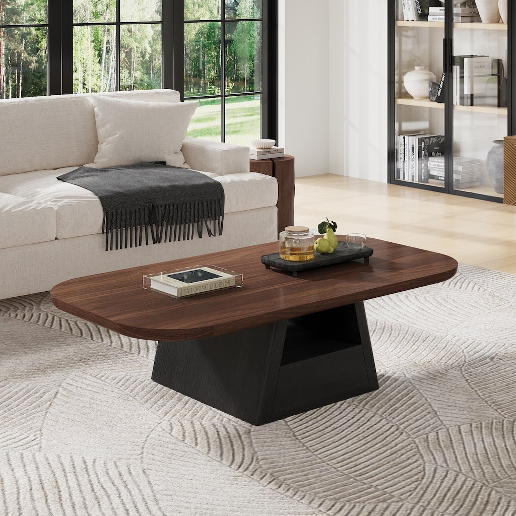 51" Modern Retangular Coffee Table, Brown Solid Wood Texture with 2 Drawers