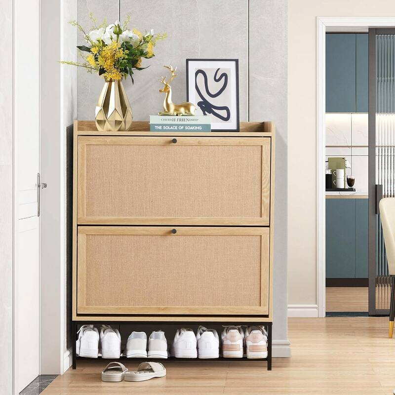 Set of 2 Wooden Narrow Shoe Racks with Flip Drawers