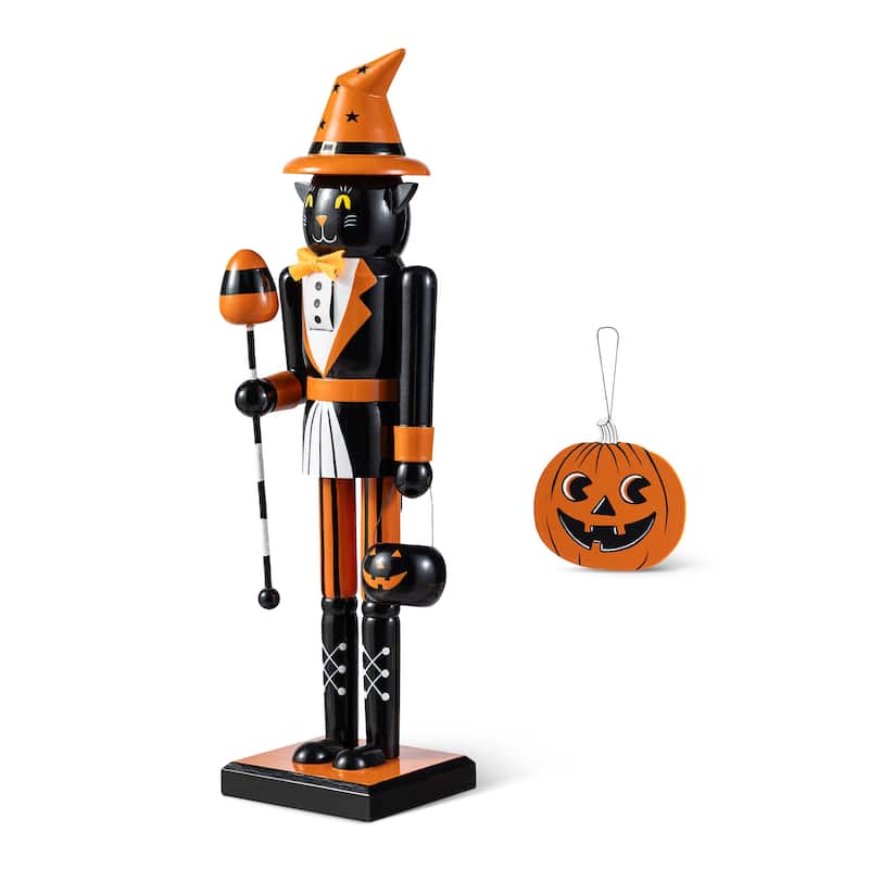 Glitzhome 18.50"H Halloween Wood Black Cat Witch Nutcracker with Jack-O-Lantern