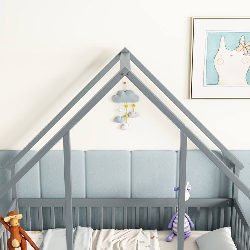 Twin Wood House-Shaped Floor Bed with Fence, Guardrails for Small Space, Living Room, Bedroom, Apartment