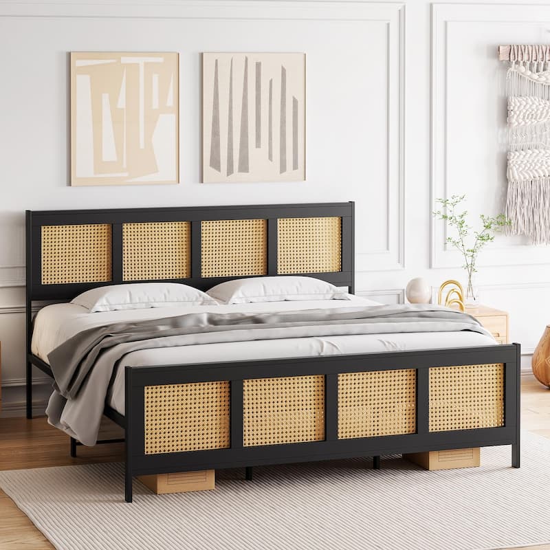 Black Bed Frame with Rattan Headboard and Footboard