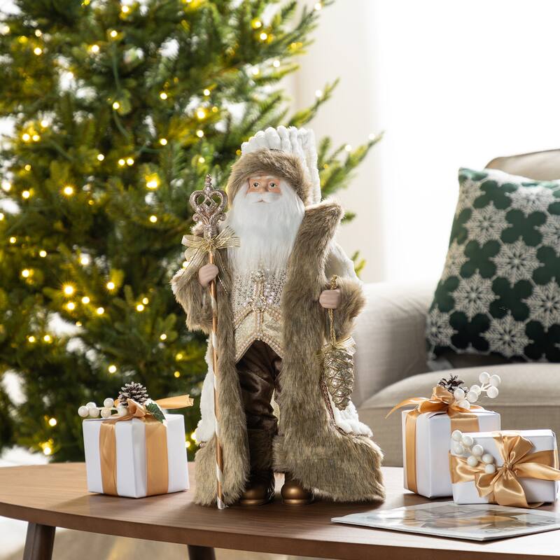 Glitzhome 18"H Faux Fur Christmas Santa Figurines with Porcelain Face - Golden Woodland Santa