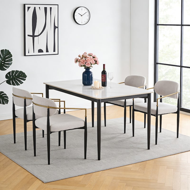 Christopher Knight Home - GlamCore Modern Upholstered Metal Base Dining Chairs with Gold Accents - Set of 4 - Beige+Black,Gold