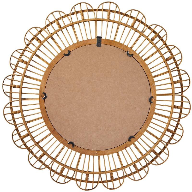 Brown Bamboo Wood Handmade Woven Room Wall Mirror with Beaded Accents - 35"D