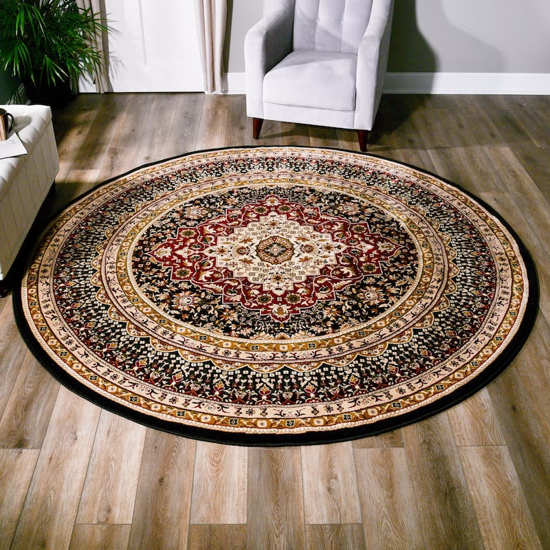 Persian Collection Black Traditional Area Rug - 8'1'' Round - Black