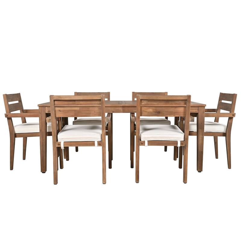 Roomfitters 7-Piece Acacia Wood Outdoor Dining Set with Cushions, 6 Armchairs and Rectangular Table for Patio Garden