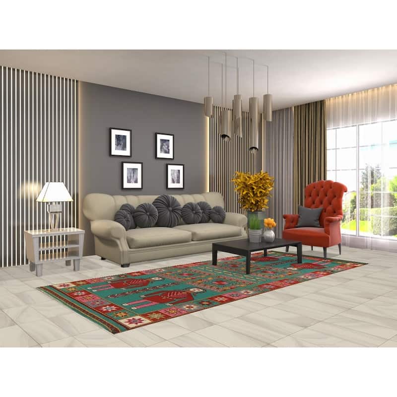 Hand Knotted Oriental 100% Wool Carpet Traditional Tribal Green Heriz (serapi) Runner Rug - 9' 10'' X 4' 2''