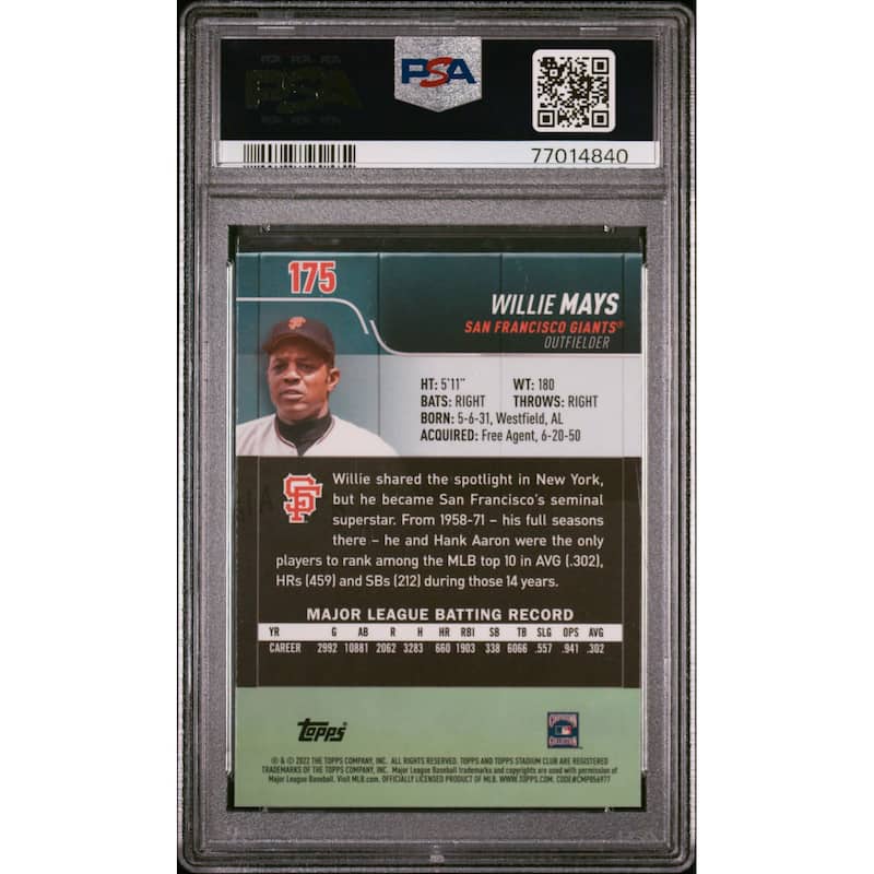 Willie Mays 2022 Topps Stadium Club Chrome Baseball Card #175 Graded PSA 10 - 8'6" x 11'6"