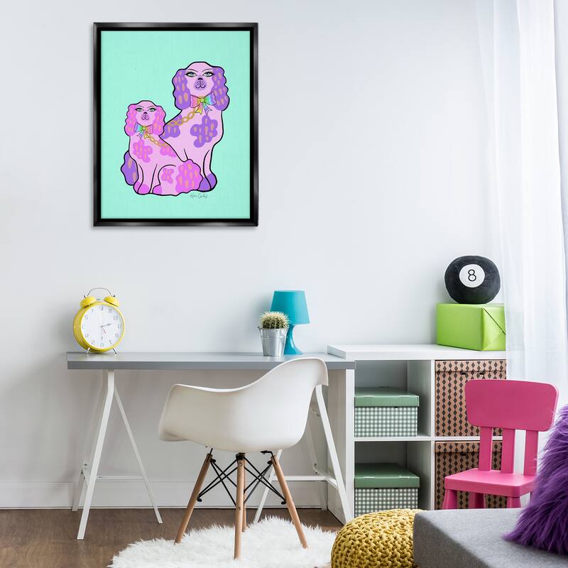 Stupell Funky Glam Dogs on Turquoise Framed Floater Canvas Wall Art Design By Katie Conley