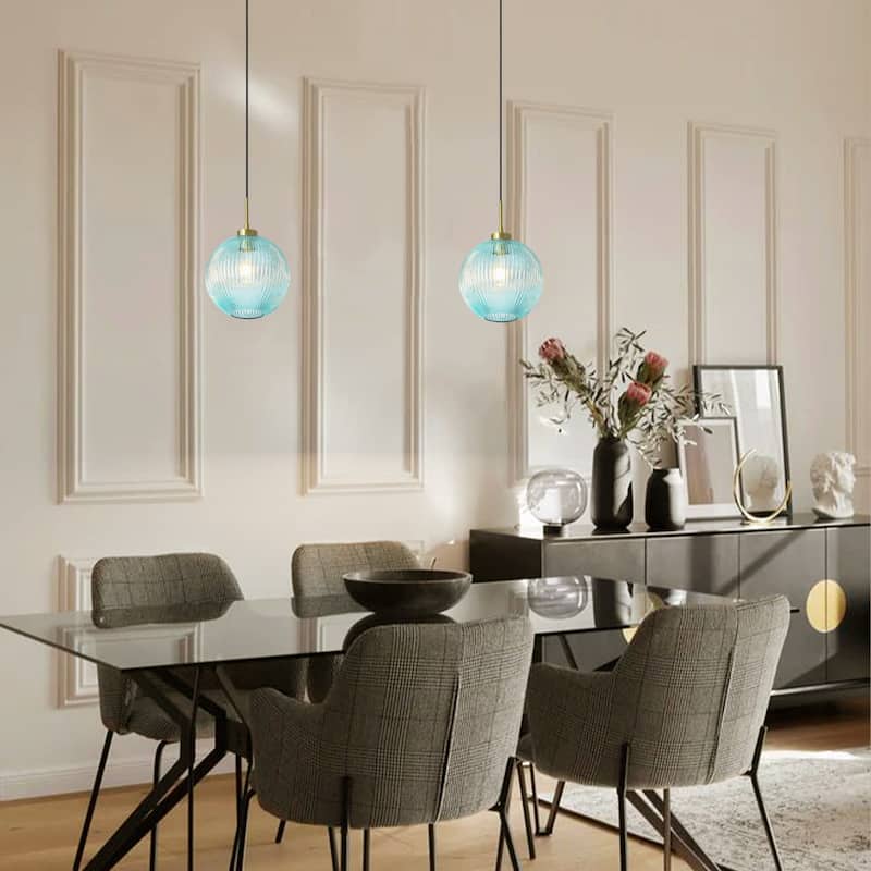 1-Light 9.8" W Mid-century Modern Metal Hanging Pendant Light with Blue Ribbed Glass Globe Shade for Kitchen Island, Dining Room