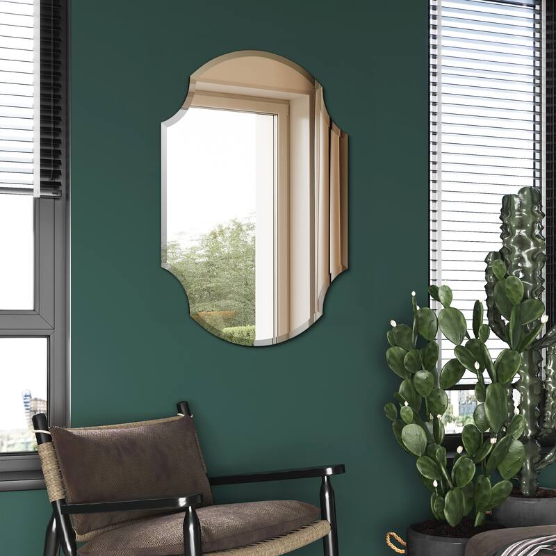 Frameless Beveled Octagonal Scallop Black Matte Finished Wall Mirror, 1" Beveled Rectangular Scalloped Mirror - 28" x 38" x 0.6"