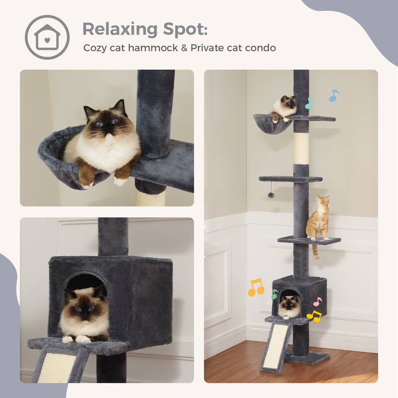 Adjustable Height Floor to Ceiling 5-Tier Tall Cat Tree Tower for Indoor Cats with Cat Condo, Cat Scratching Post and Cat Ladder