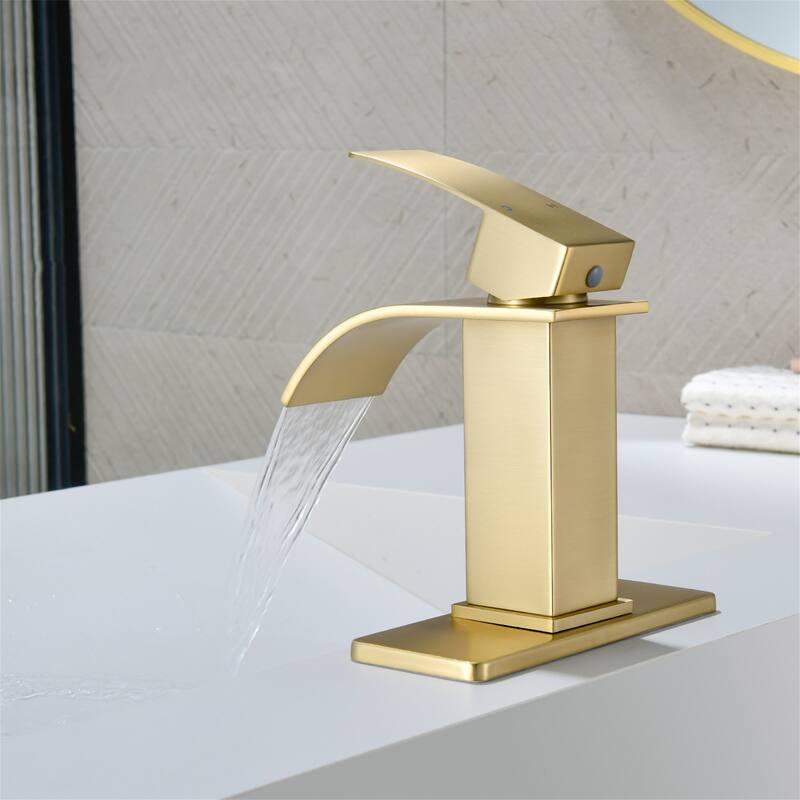 Single Handle Waterfall Bathroom Sink Faucet with Pop-up Drain 304 Stainless Steel 1 Hole Basin Vanity Faucets with Deck Plate