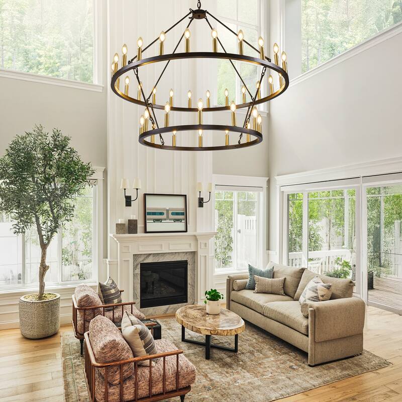 47.2'' 36-Lights Candle Dimmable Two Tiers Wagon Wheel Chandelier Ceiling Pendant Light