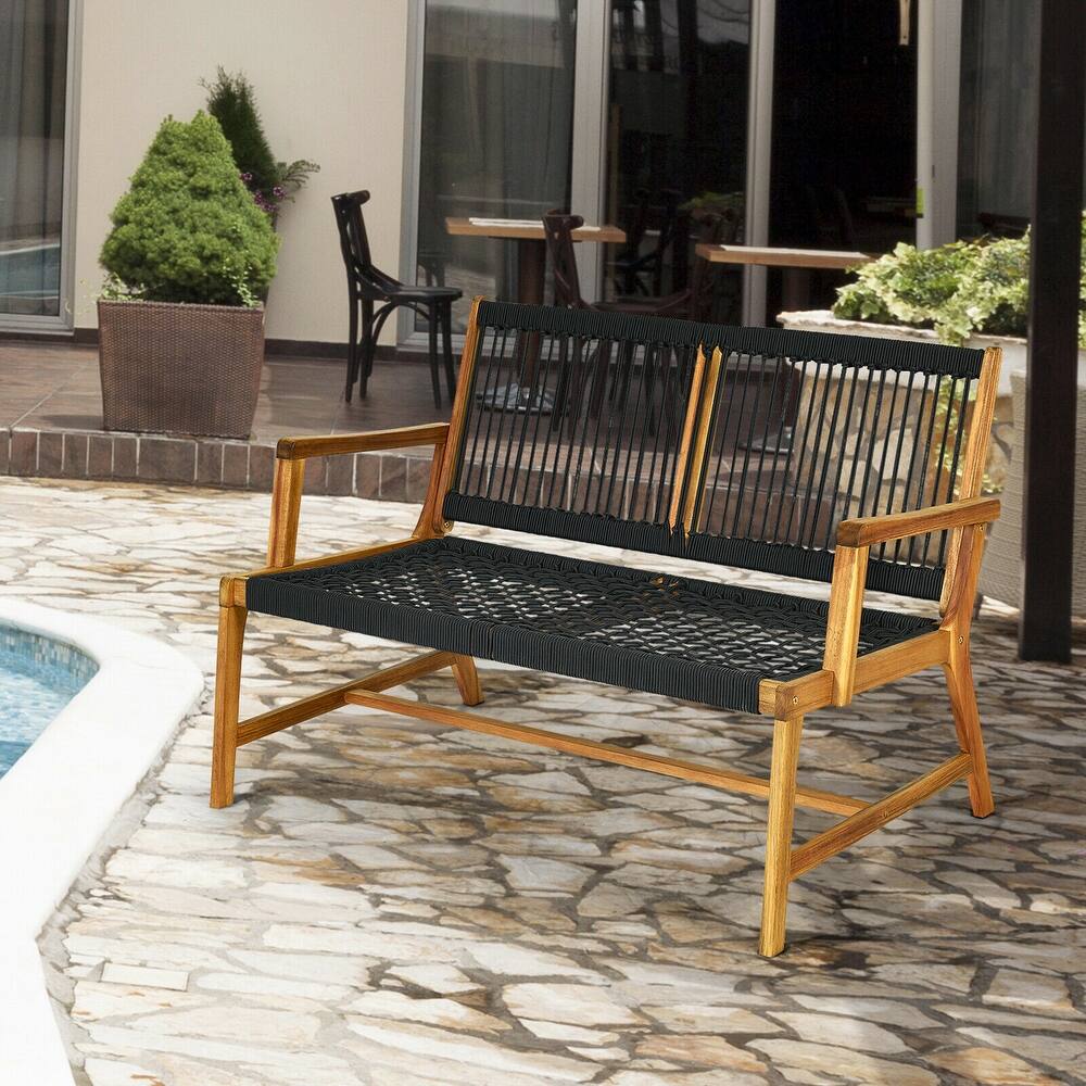 Gymax Wooden Rope Bench Loveseat Patio Garden Outdoor w/ Backrest & - 46.5'' x 29.5'' x 32''