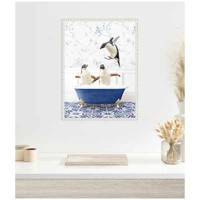 Kate and Laurel Sylvie Penguins in Eclectic Blue Bath Framed Canvas by Amy Peterson