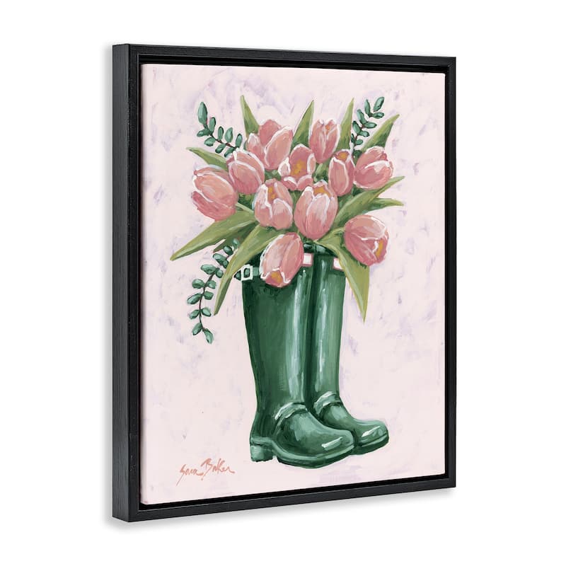 Stupell Pink Tulips in Boots Framed Floater Canvas Wall Art Design By Sara Baker